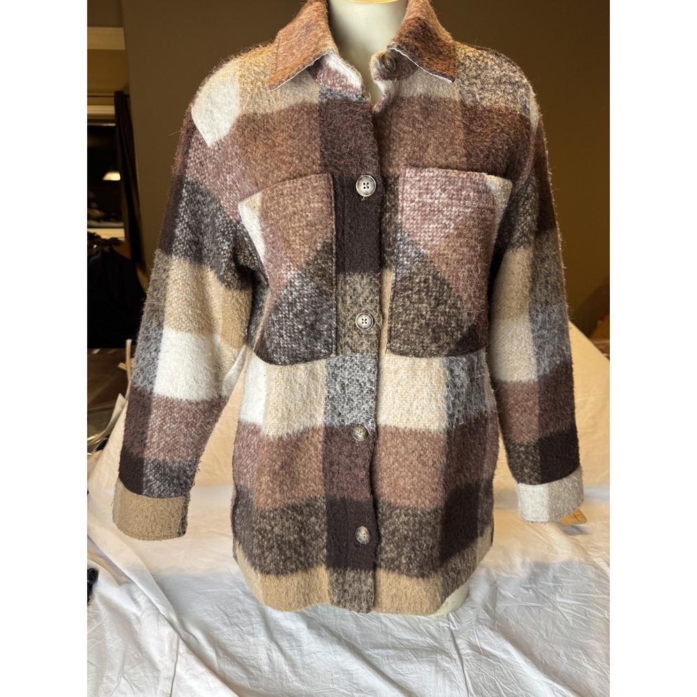 Abercrombie & Fitch Wool Blend Plaid Shacket S Brown Oversized Shirt Jacket